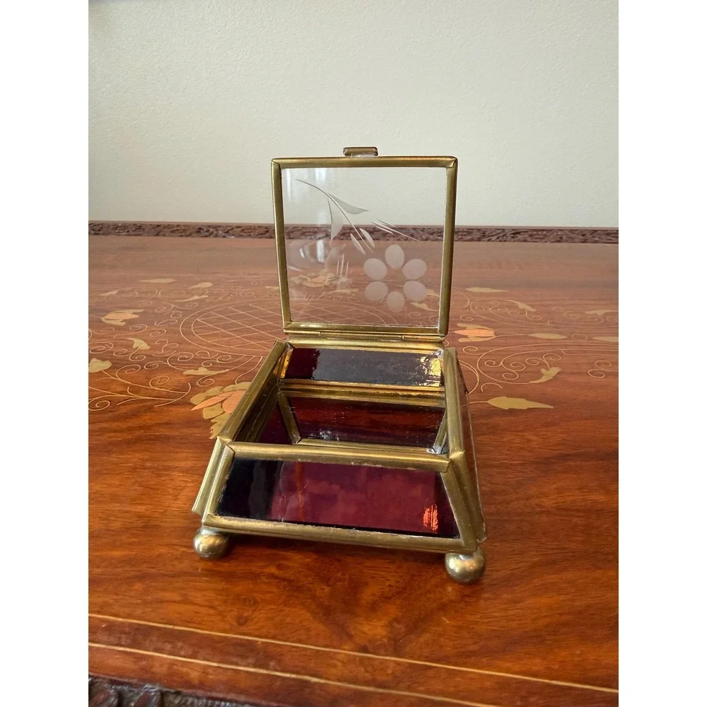 Vintage Brass & Purple‎ Glass Jewelry Box 3